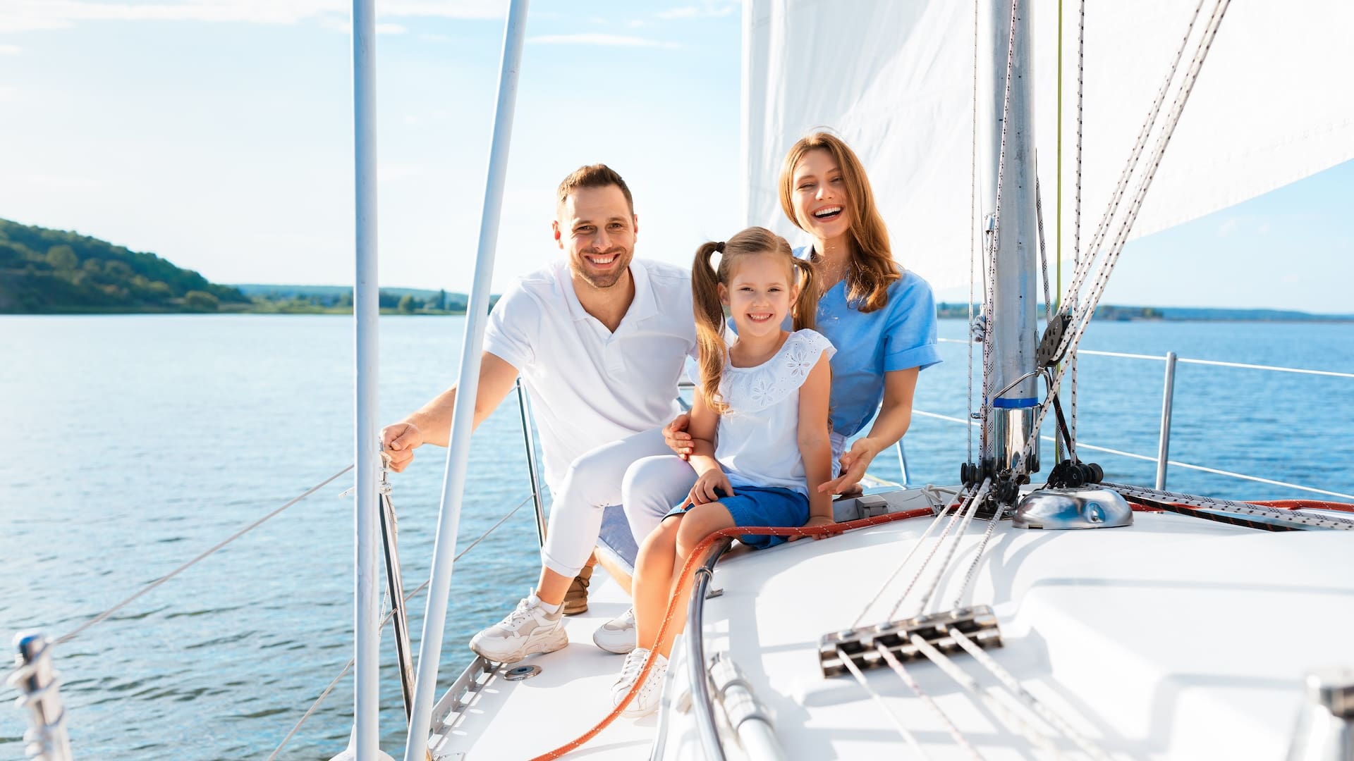 Cheerful Family Sitting On Yacht Deck Having Boat Ride Outdoor Spending Summer At Seaside. Panorama, Copy Space