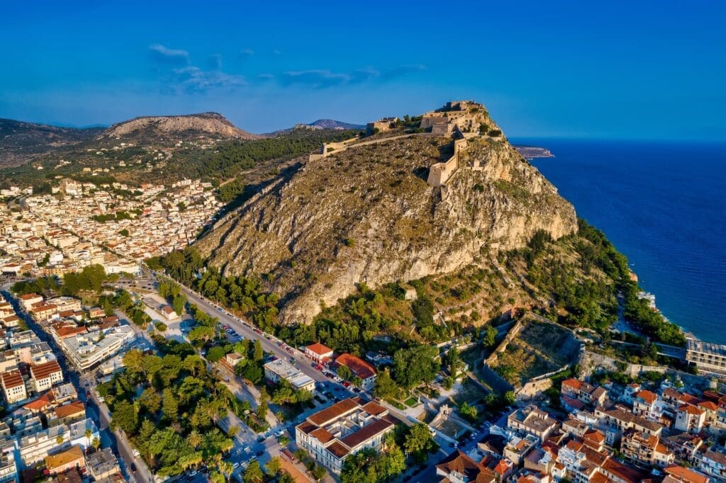 Aerial view of Nafplion city with Palamidi castle, a greek town at Peloponnese peninsula.