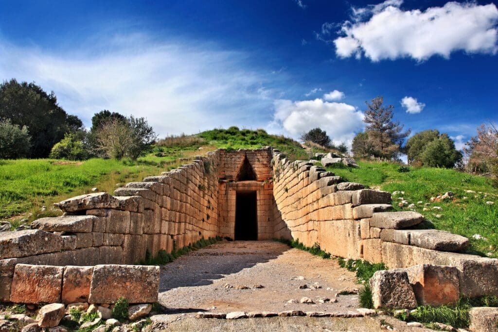 The entrance of the Treasury of Atreus also known as the Tholos tomb of Atreus or Tholos tomb of Agamemnon ancient Mycenae Argolida Peloponnese Greece