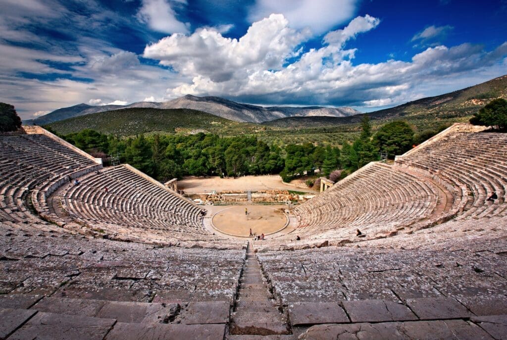 The ancient theater of Epidaurus Epidavros Argolida Argolis Peloponnese Greece It is considered the ancient theater with the best acoustics